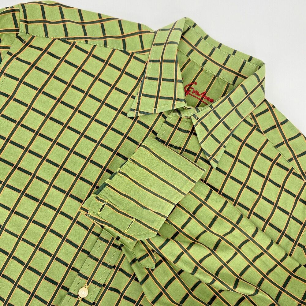 Robert Graham Shirt Size L Flip Cuff Green Orange Windowpane Plaid Long Sleeve